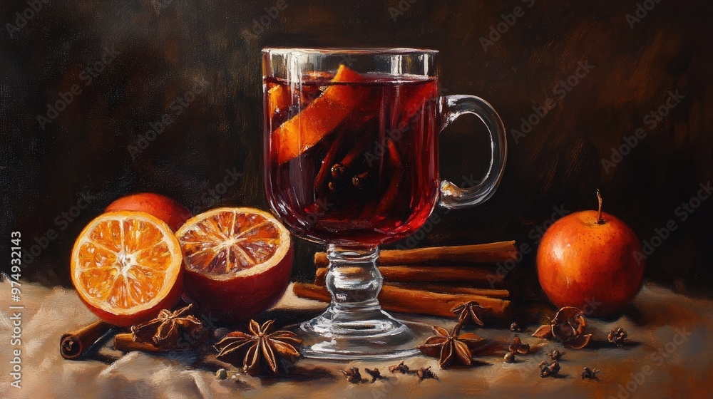 Oil painting of mulled wine featuring spices and fruits against a dark background showcasing the rich colors and textures of the beverage Oil painting of mulled wine featuring spices and fruits against a dark background showcasing the rich colors and textures of the beverage