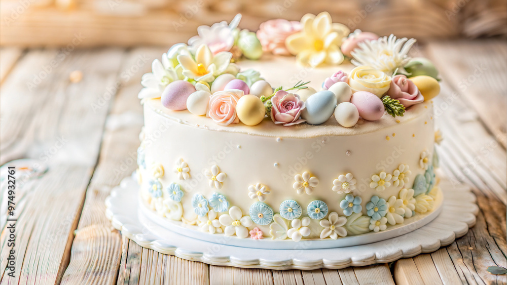 Beautifully decorated Easter cake with floral and egg designs on rustic wooden table for festive celebrations
Beautifully decorated Easter cake with floral and egg designs on rustic wooden table for festive celebrations