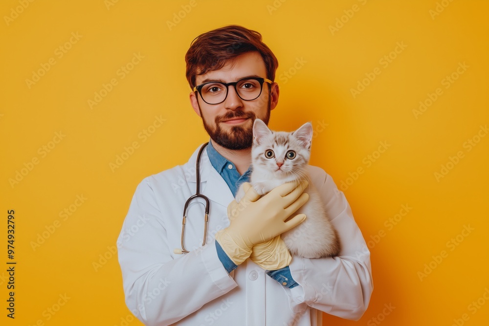 Veterinarian in lab coat and rubber gloves holding cat, isolated on solid color background, concept of pet care, animal health, professional veterinary service. Veterinarian in lab coat and rubber gloves holding cat, isolated on solid color background, concept of pet care, animal health, professional veterinary service.