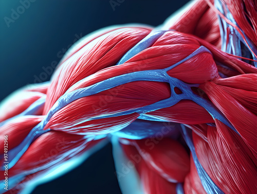 Close-up of a muscular system, with every muscle fiber visible, high-definition texture of skin and veins