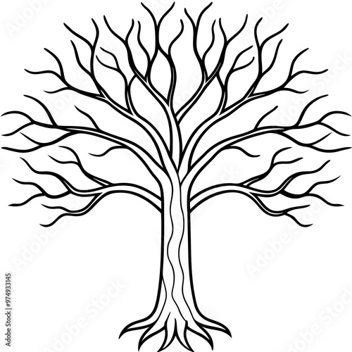A tree with bare, twisting branches, featuring minimalist roots