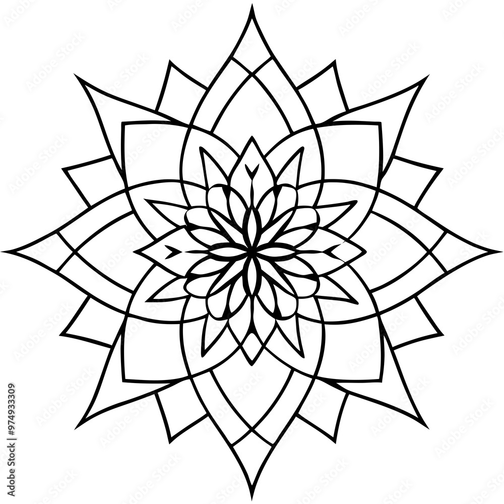 A symmetrical mandala pattern with geometric shapes and sharp lines A symmetrical mandala pattern with geometric shapes and sharp lines