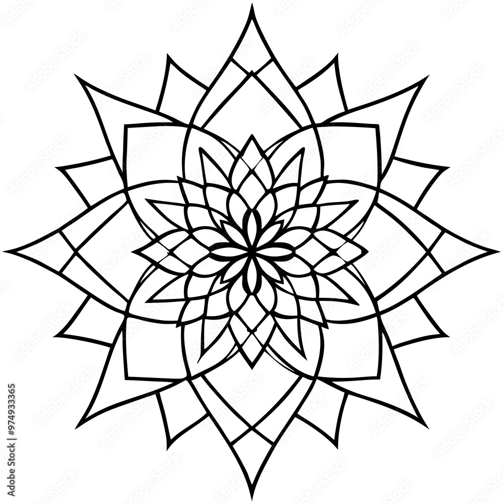 A symmetrical mandala pattern with geometric shapes and sharp lines A symmetrical mandala pattern with geometric shapes and sharp lines