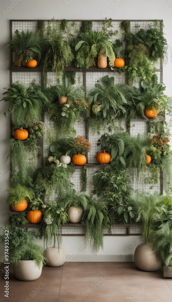 Obraz premium A vertical garden wall with a variety of lush green plants and vibrant orange pumpkins arranged on metal grid shelves.