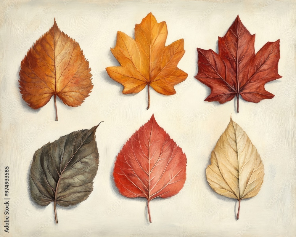 Oil painting depicting a collection of six distinct leaves on a neutral background Oil painting depicting a collection of six distinct leaves on a neutral background