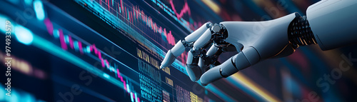 Robot arm writing trading algorithms on a virtual blackboard, programming, algorithm creation for automated trading