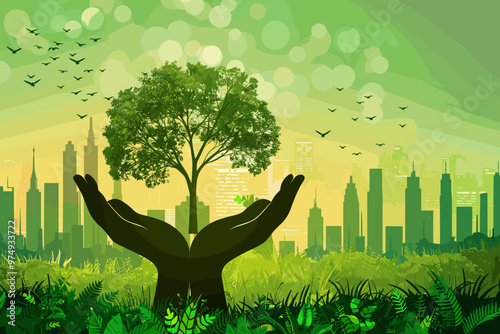 Urban greening initiatives and tree planting in city parks, hands outline concept. Sustainable neighborhood practices for eco-friendly living vector illustration.