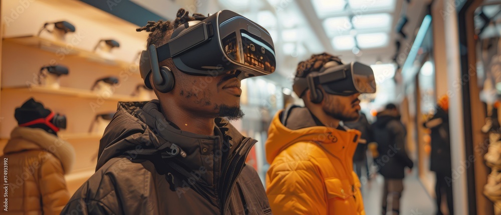 Two individuals experiencing virtual reality in a modern setting, wearing VR headsets and winter clothing while exploring immersive technology. Two individuals experiencing virtual reality in a modern setting, wearing VR headsets and winter clothing while exploring immersive technology.