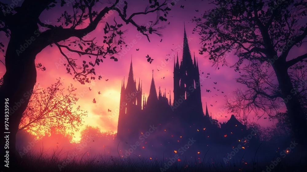 A mystical castle silhouette against a vibrant sunset, surrounded by dark trees and falling leaves, creating an enchanting atmosphere. A mystical castle silhouette against a vibrant sunset, surrounded by dark trees and falling leaves, creating an enchanting atmosphere.