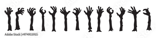 Zombie hands silhouettes. Halloween decor. Set doodle zombie hand