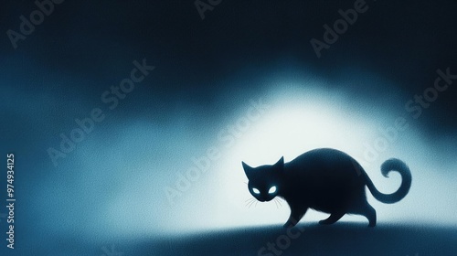 A mysterious silhouette of a cat against a dark, foggy background, evoking an enigmatic and atmospheric feeling. photo