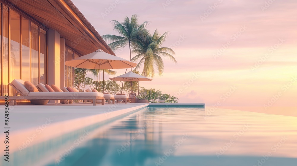 Fototapeta premium Luxurious infinity pool overlooking a serene tropical landscape at sunset. Elegant resort with palm trees.