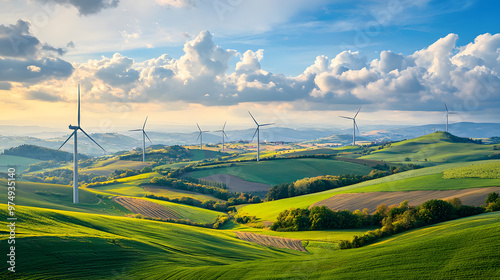 A stunning landscape featuring wind turbines with long blades set against rolling green hills and vibrant sky. scene captures beauty of renewable energy in natures embrace