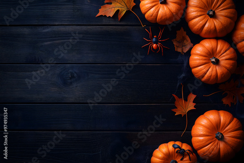 Flat lay of pumpkins and black cats on an isolated dark wooden background