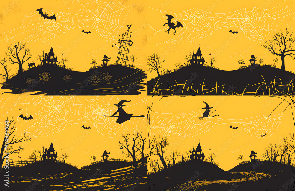 Halloween icons illustration on yellow background spider web haunted house silhouette Halloween icons illustration on yellow background spider web haunted house silhouette