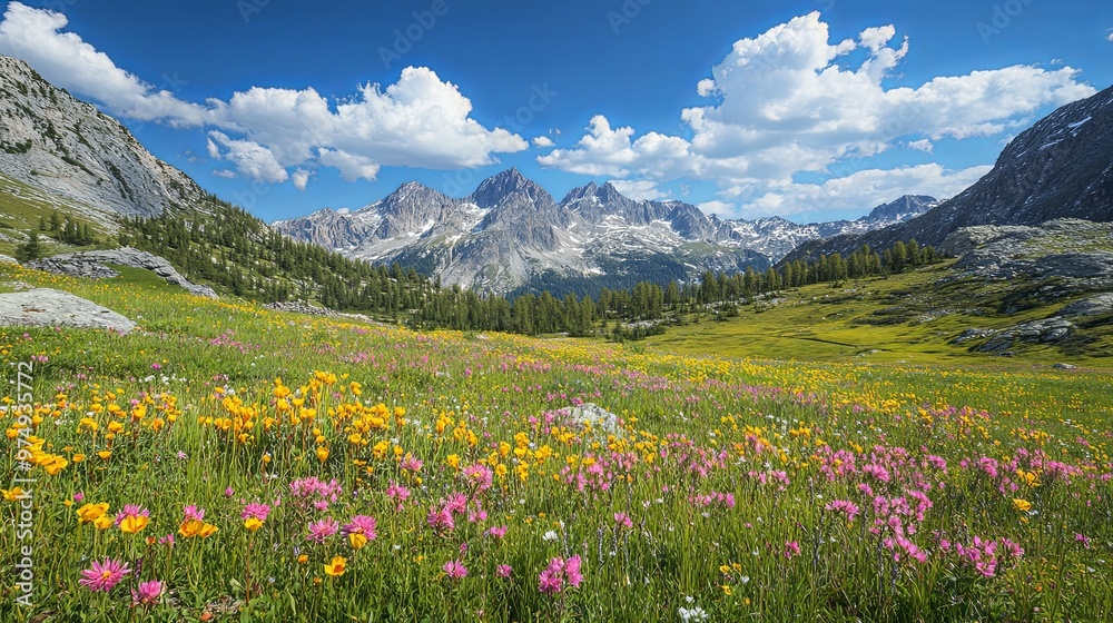 Mountain Meadow with Wildflowers and Snow-capped Peaks Mountain Meadow with Wildflowers and Snow-capped Peaks