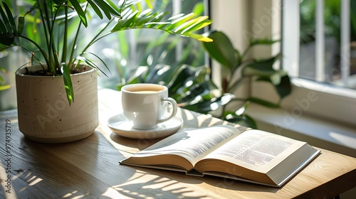 open book on a table with a coffee next to it and a plant in a bright and pleasant environment