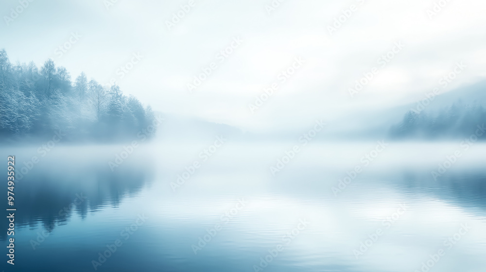Obraz premium Drifting fog over a still lake at dawn, foggy weather, calm and ethereal