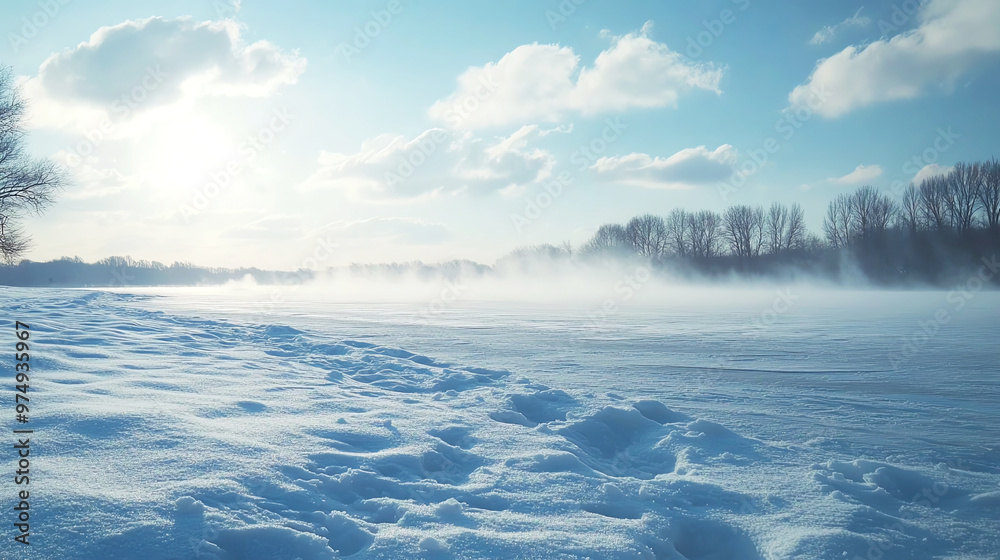 Obraz premium Drifting snow across a frozen lake, winter weather, cold and desolate