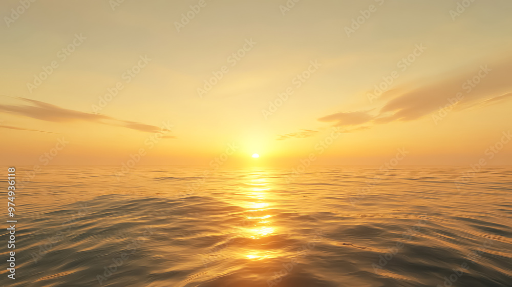 Obraz premium Golden sunset over a calm sea, clear weather, warm glow on the horizon