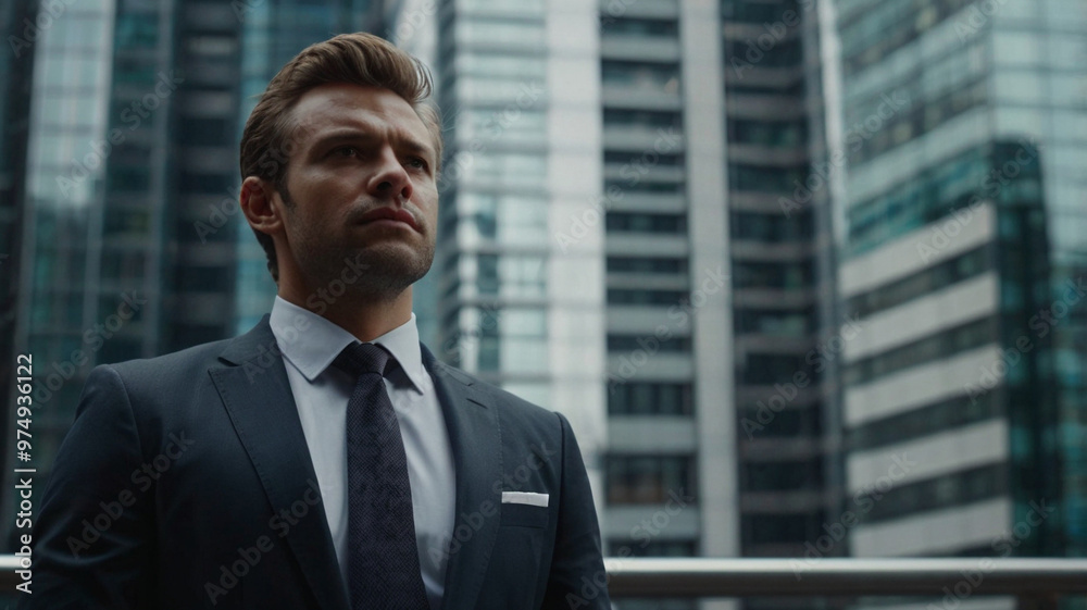 A confident Businessmen standing between Skyscraper, tall buildings A confident Businessmen standing between Skyscraper, tall buildings