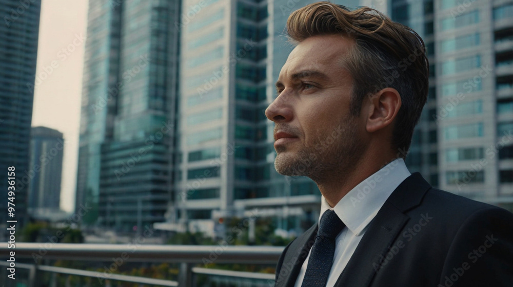 A confident Businessmen in suit standing between Skyscraper, tall buildings A confident Businessmen in suit standing between Skyscraper, tall buildings