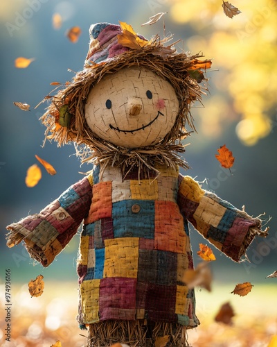 Smiling scarecrow with autumn leaves 