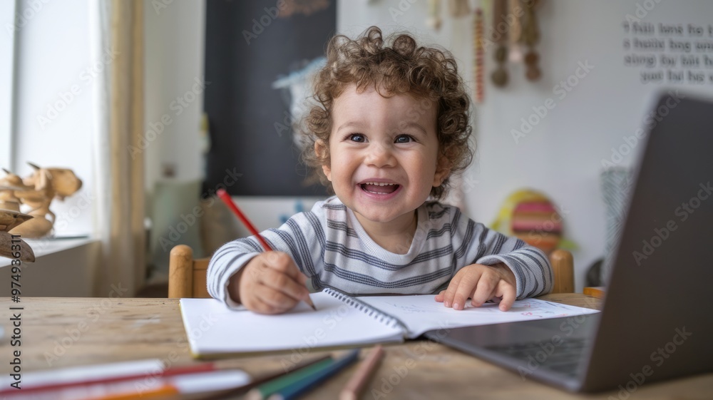 Cheerful Toddler Engaged in Drawing Activity Cheerful Toddler Engaged in Drawing Activity