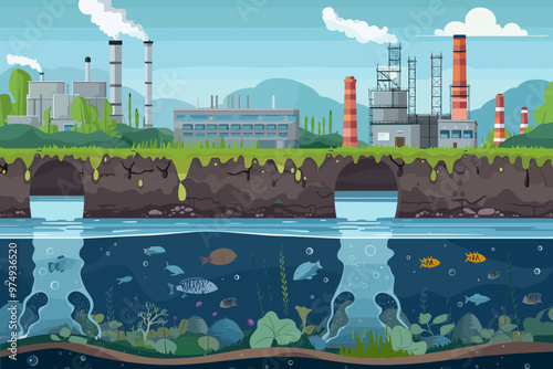 Water Remediation Process from Polluted to Clean Outline Diagram. Labeled Educational Scheme with Sedimentation, Aeration, and Disinfection Stages Illustration.