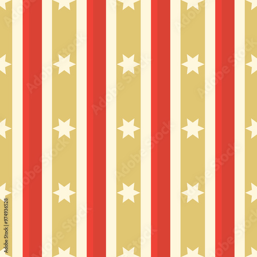 A patterned design featuring alternating stripes and stars in red and beige colors.