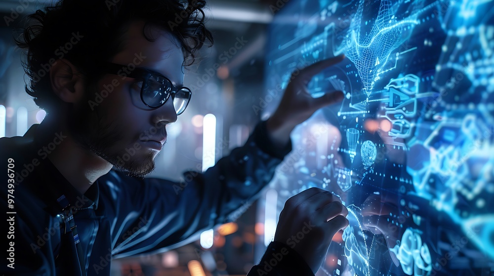 Fototapeta premium person with glasses in a technological laboratory manipulating a large 3D touch screen with his fingers
