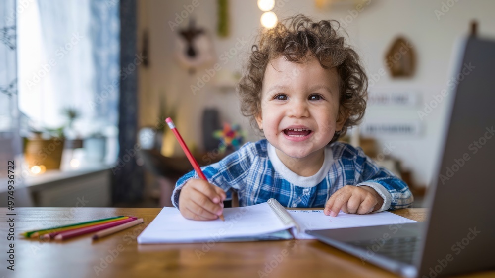 Cheerful Toddler Engaged in Drawing Activity Cheerful Toddler Engaged in Drawing Activity