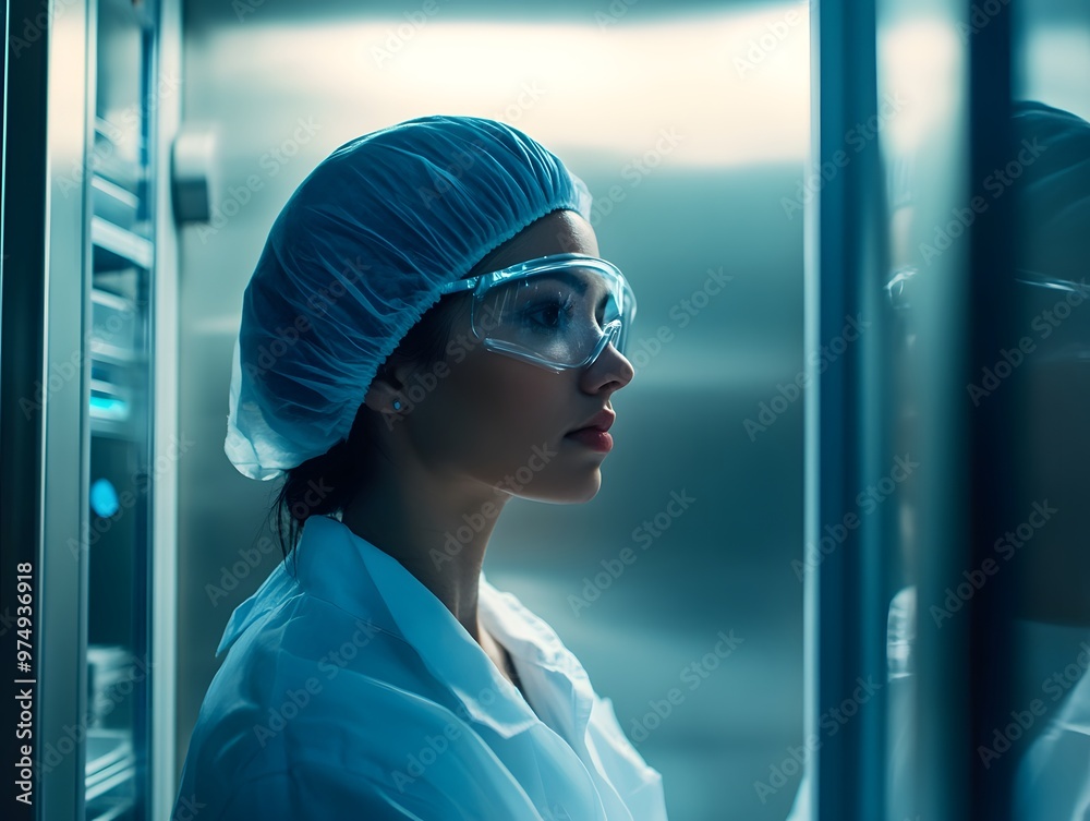 Worker conducting final product checks in a sterile lab environment ...
