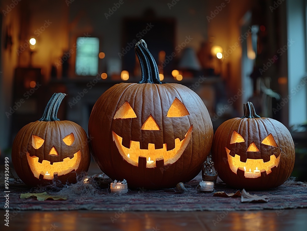 Halloween pumpkins with carved faces on their surfaces, illuminated by candlelight against the dark background of an old room..pumpkin with two smaller ones beside it.creating an atmosphere of spooky Halloween pumpkins with carved faces on their surfaces, illuminated by candlelight against the dark background of an old room..pumpkin with two smaller ones beside it.creating an atmosphere of spooky