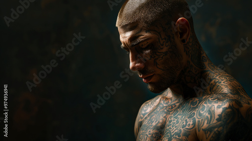 Bald man with full body tattoo, dark inked, dramatic lights with black background  photo