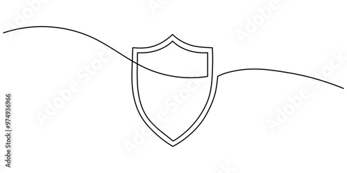 Continuous line drawing of a shield. One line drawing of defense symbol, security sign, protect linear icon. Protection concept isolated on transparent background. Editable stroke vector illustration