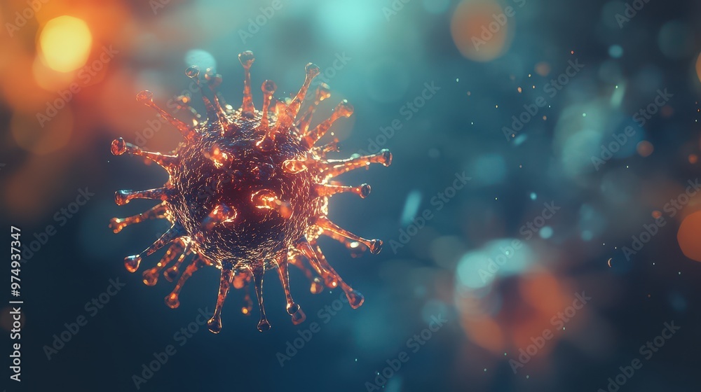 Fototapeta premium Close-up of a virus particle with intricate details, glowing softly in cool light, background blur with soft bokeh, depth of field effect, representing modern medical technology