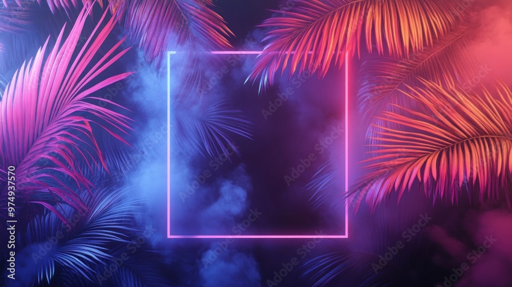 Neon Glow and Palm Fronds with a Glowing Square Frame Neon Glow and Palm Fronds with a Glowing Square Frame