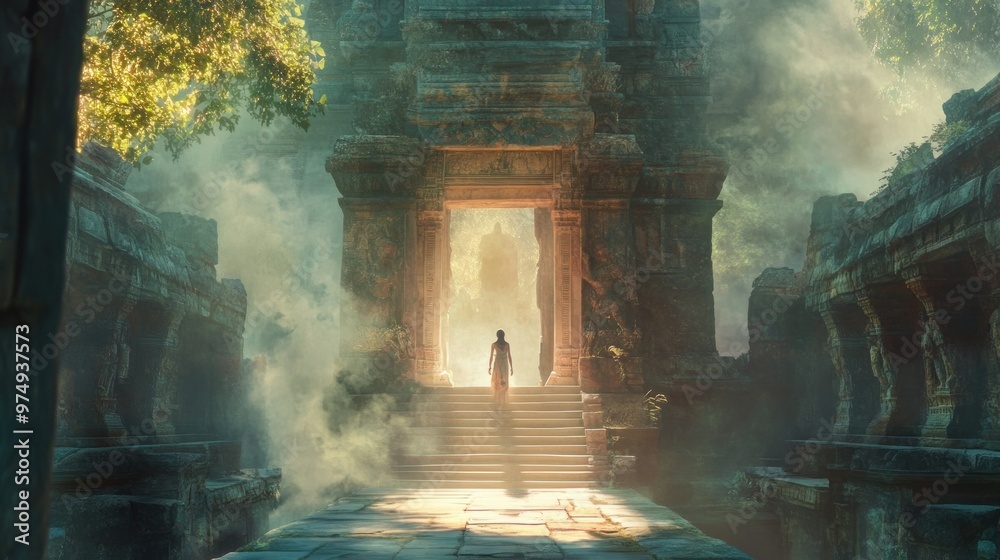 A lone figure ascends the ancient stone steps of a forgotten temple, shrouded in mist and sunlight. A lone figure ascends the ancient stone steps of a forgotten temple, shrouded in mist and sunlight.