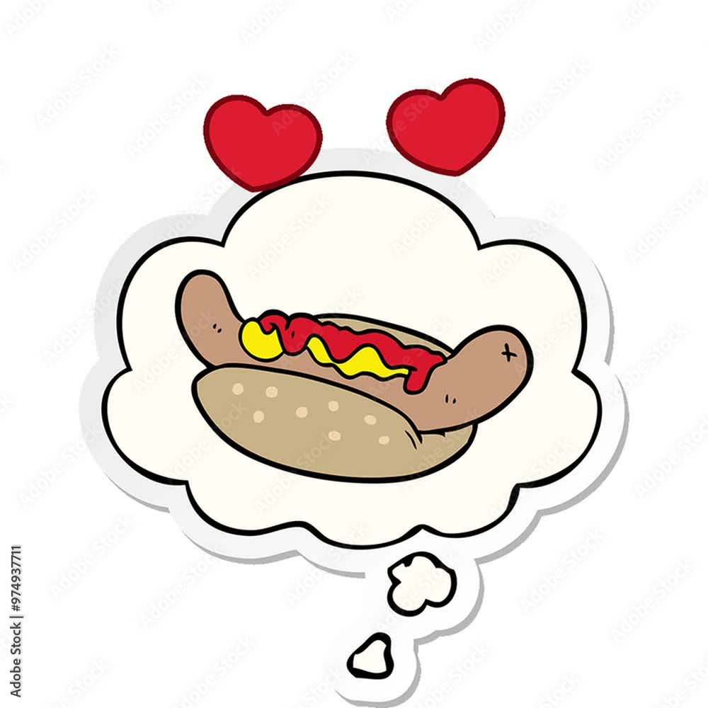 cartoon hot dog with thought bubble as a printed sticker cartoon hot dog with thought bubble as a printed sticker
