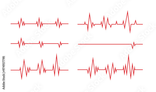 Heartbeat line. Pulse cardiogram Icons of heart beat. Ecg Electrocardiogram with healthy rhythm, cardio attack, ischemia, infarction. Symbol for cardiac