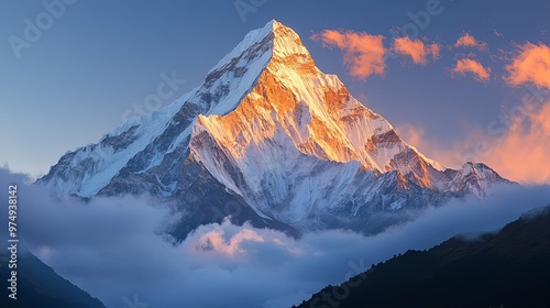 Majestic Snow-Capped Mountain Peak Bathed in Golden Sunrise Light