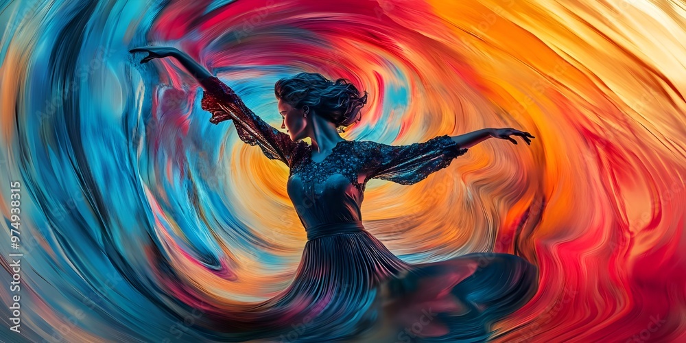 Obraz premium silhouette of dancing woman on a swirling background, ai generated.