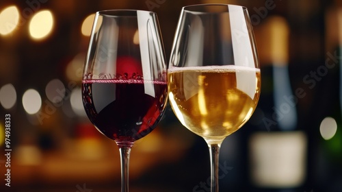 Two wine glasses, one red and one white, are sitting on a table