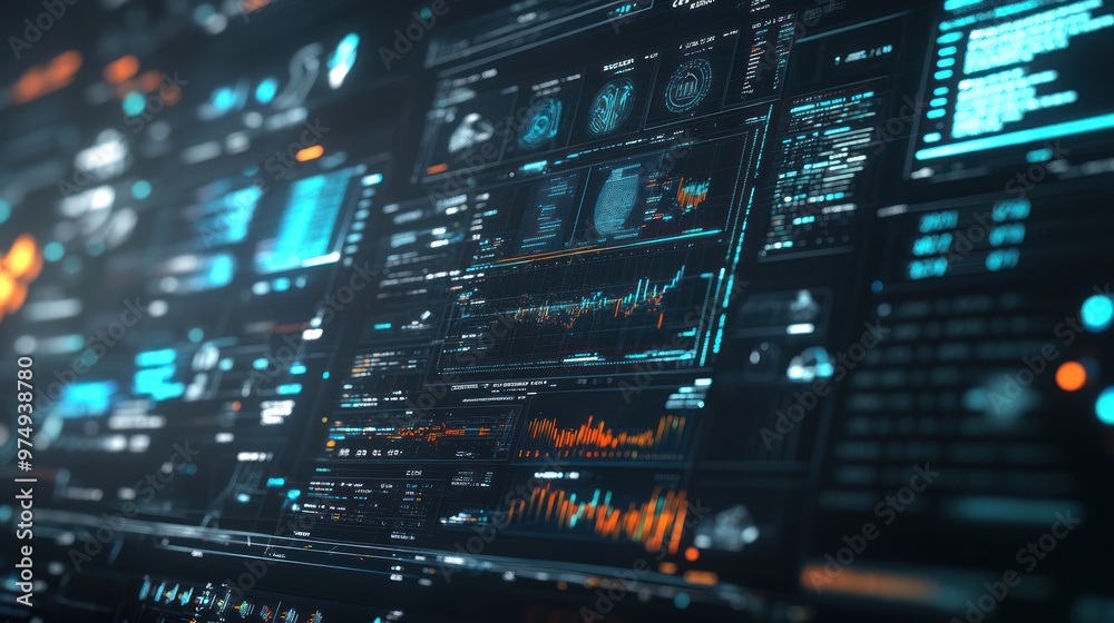 Futuristic digital screen with glowing data and information displays, showcasing a dynamic and complex network of data points. Futuristic digital screen with glowing data and information displays, showcasing a dynamic and complex network of data points.