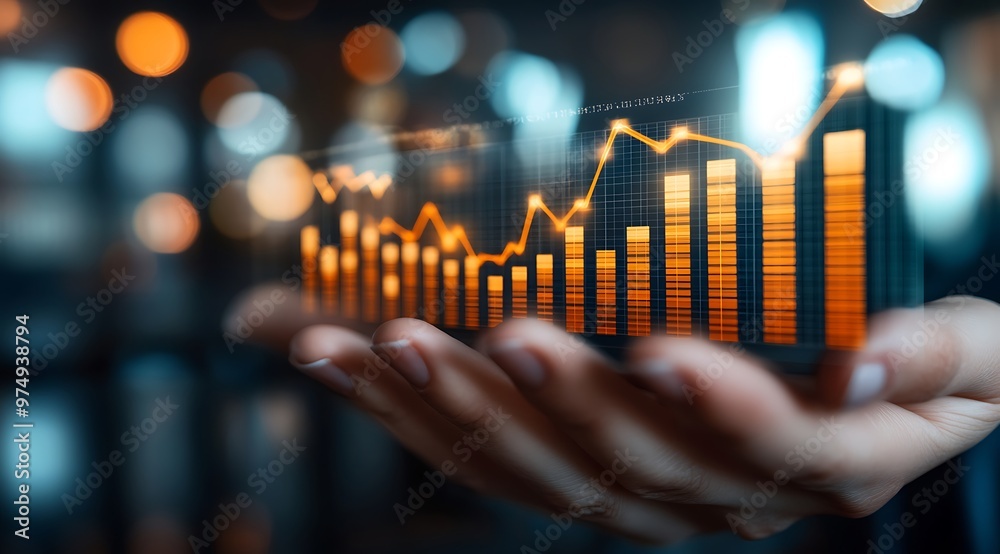 Hand Holding Rising Financial Bar Graph, Growth, Success, and Business Concept Hand Holding Rising Financial Bar Graph, Growth, Success, and Business Concept