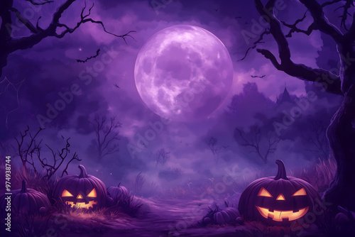Halloween background with  purple color scheme haunted house cute pumpkins