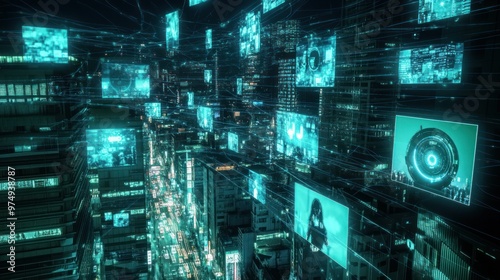 Futuristic Cityscape with Glowing Screens and Network Connections