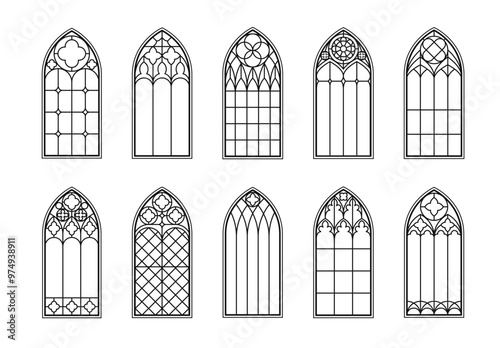 Medieval gothic church glass arch windows. Catholic temple or castle arched stained glasses. Isolated vector black outline silhouette arches. Vintage frames, cathedral interior European architecture