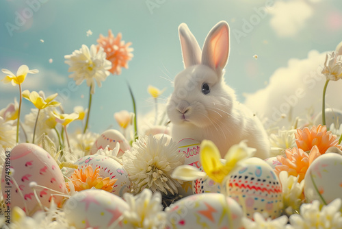 Happy easter bunny in sunny spring garden meadow with decorated festive eggs and copy space